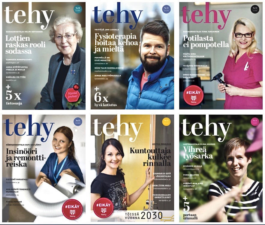 Kuvassa kuusi vuoden 2015 Tehy -lehden kantta. Jan Holmberg janholmberg.weebly.com Mainio -blogi